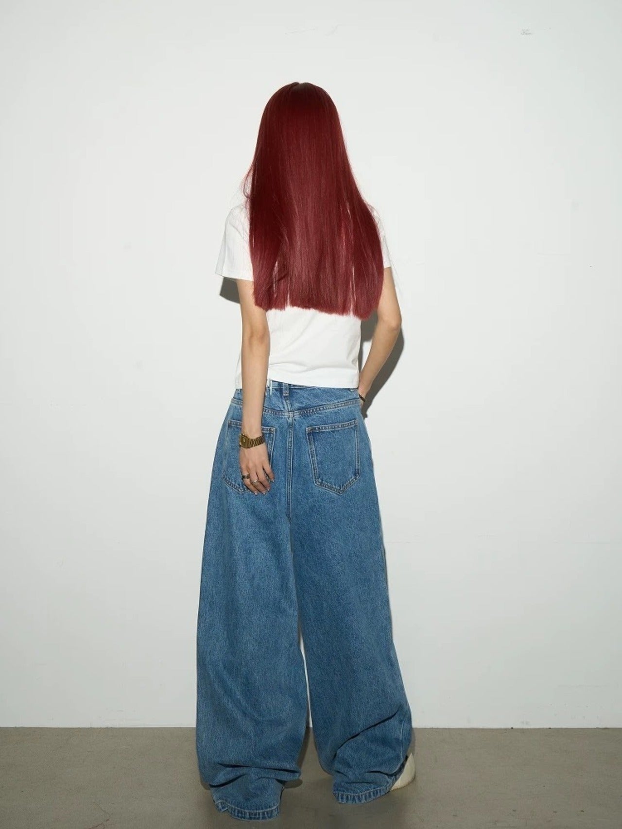 【MICHINNYON】Folding-waist Wide Jeans