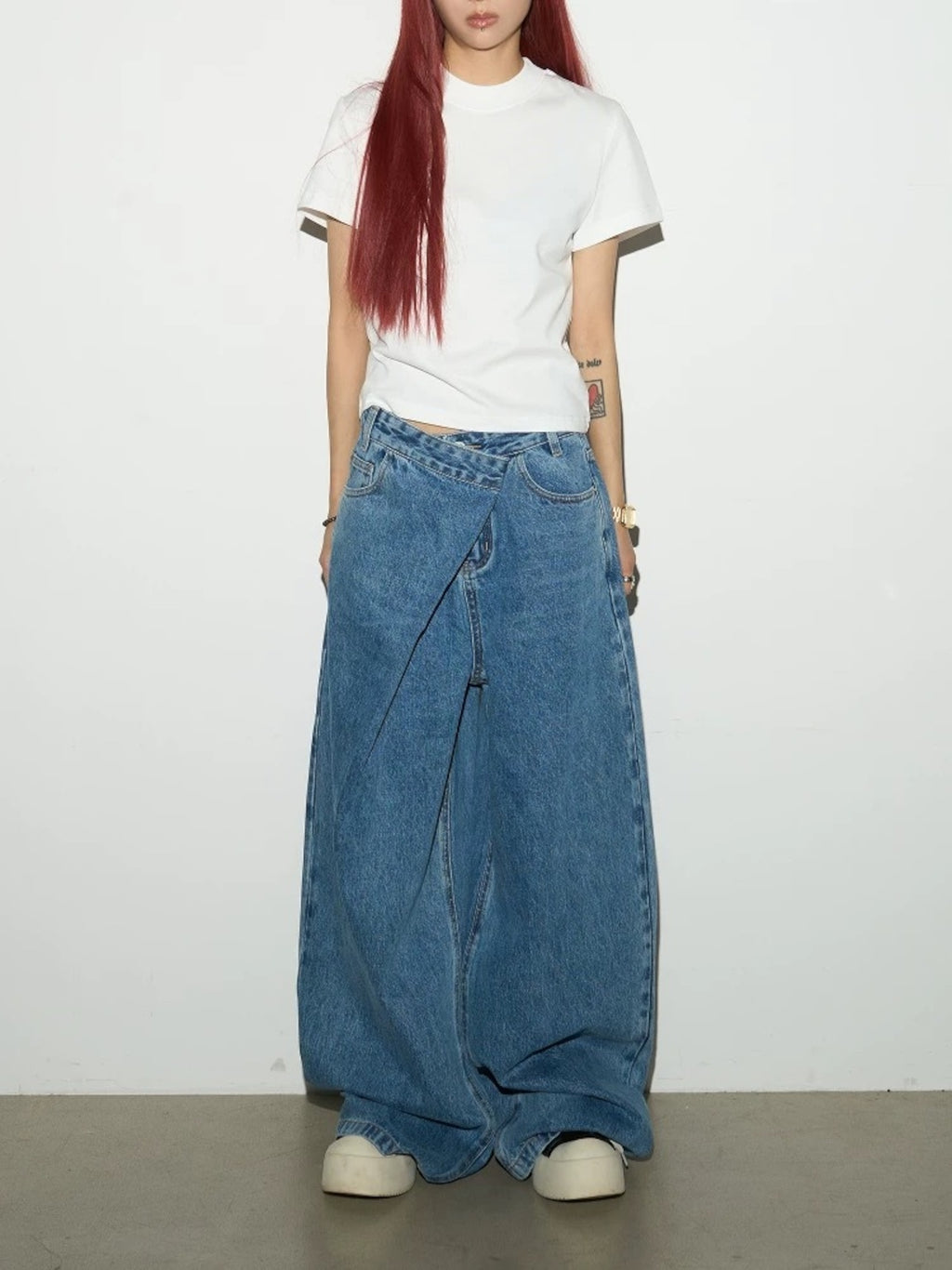 【MICHINNYON】Folding-waist Wide Jeans