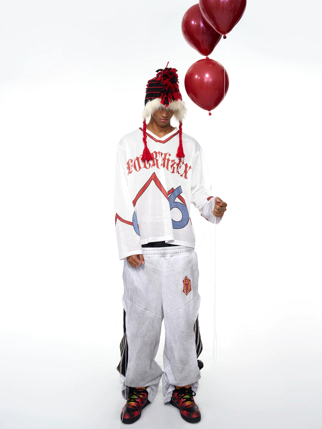 【fourth3ex】レイヤード風 3ライン 切替スーパーワイドパンツ（グレー×ブラック）