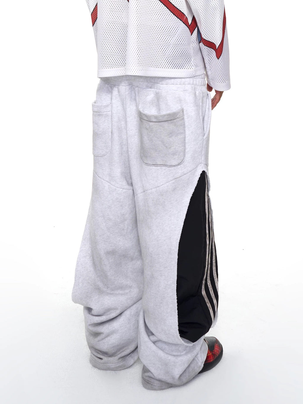 【fourth3ex】レイヤード風 3ライン 切替スーパーワイドパンツ（グレー×ブラック）