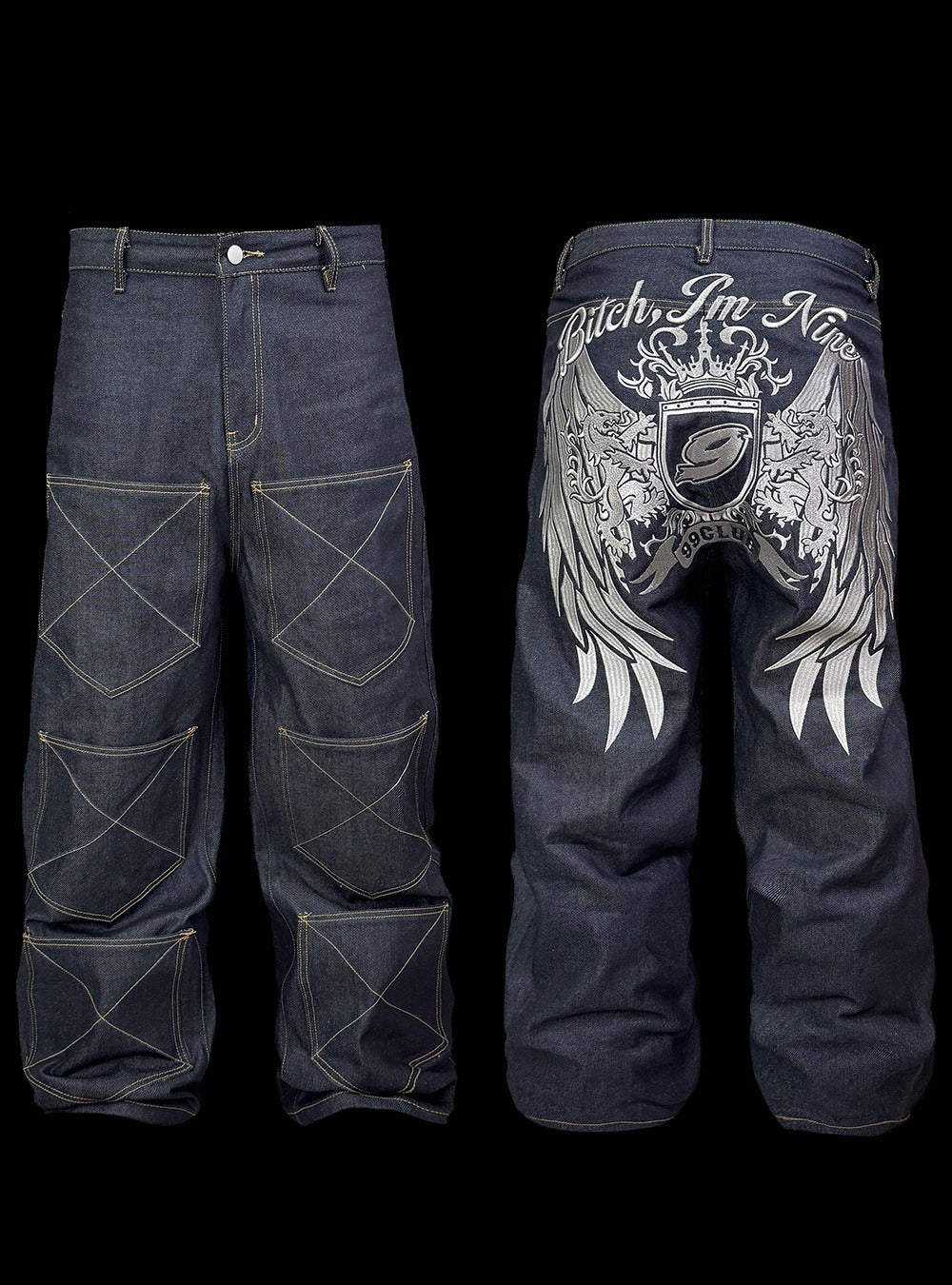 [99CLUB]Royal Emblem Embroidery Denim Pants