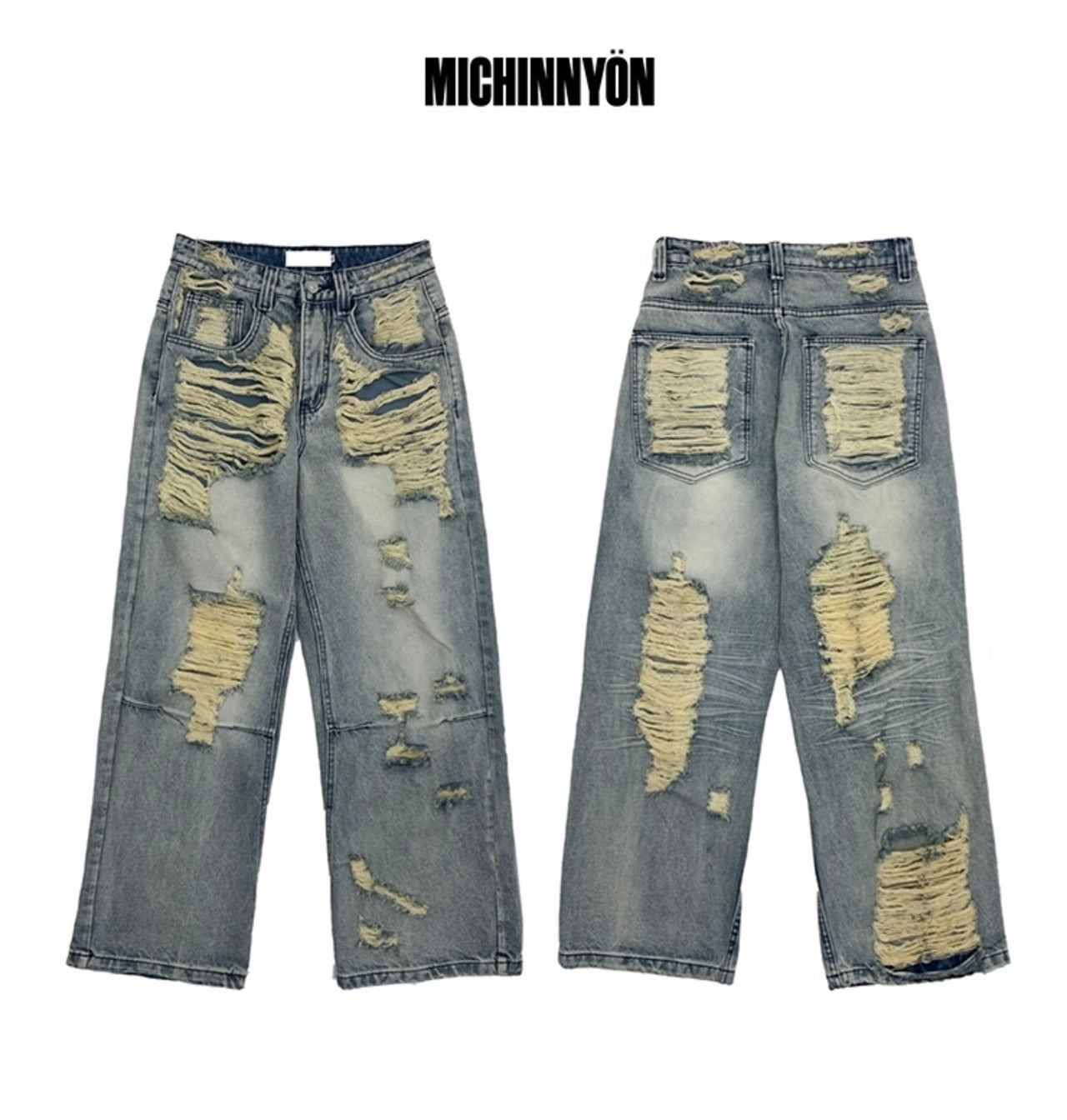 【MICHINNYON】Damage-Washed Wide Jeans