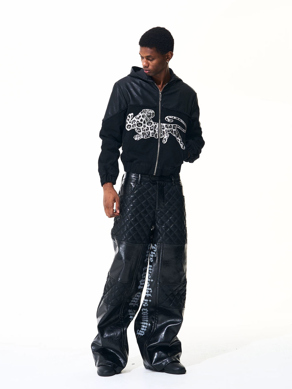 【fourth3ex】 Quilted Panel Super Wide Faux Leather Pants