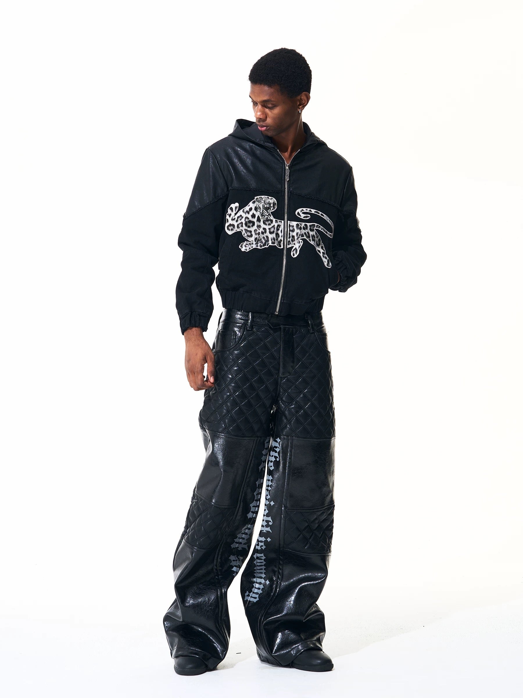 【fourth3ex】 Quilted Panel Super Wide Faux Leather Pants