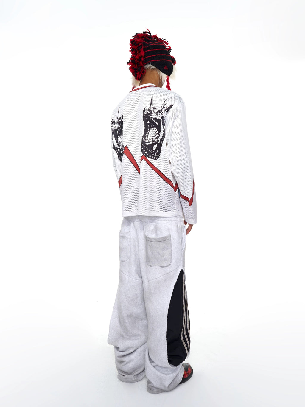 【fourth3ex】レイヤード風 3ライン 切替スーパーワイドパンツ（グレー×ブラック）