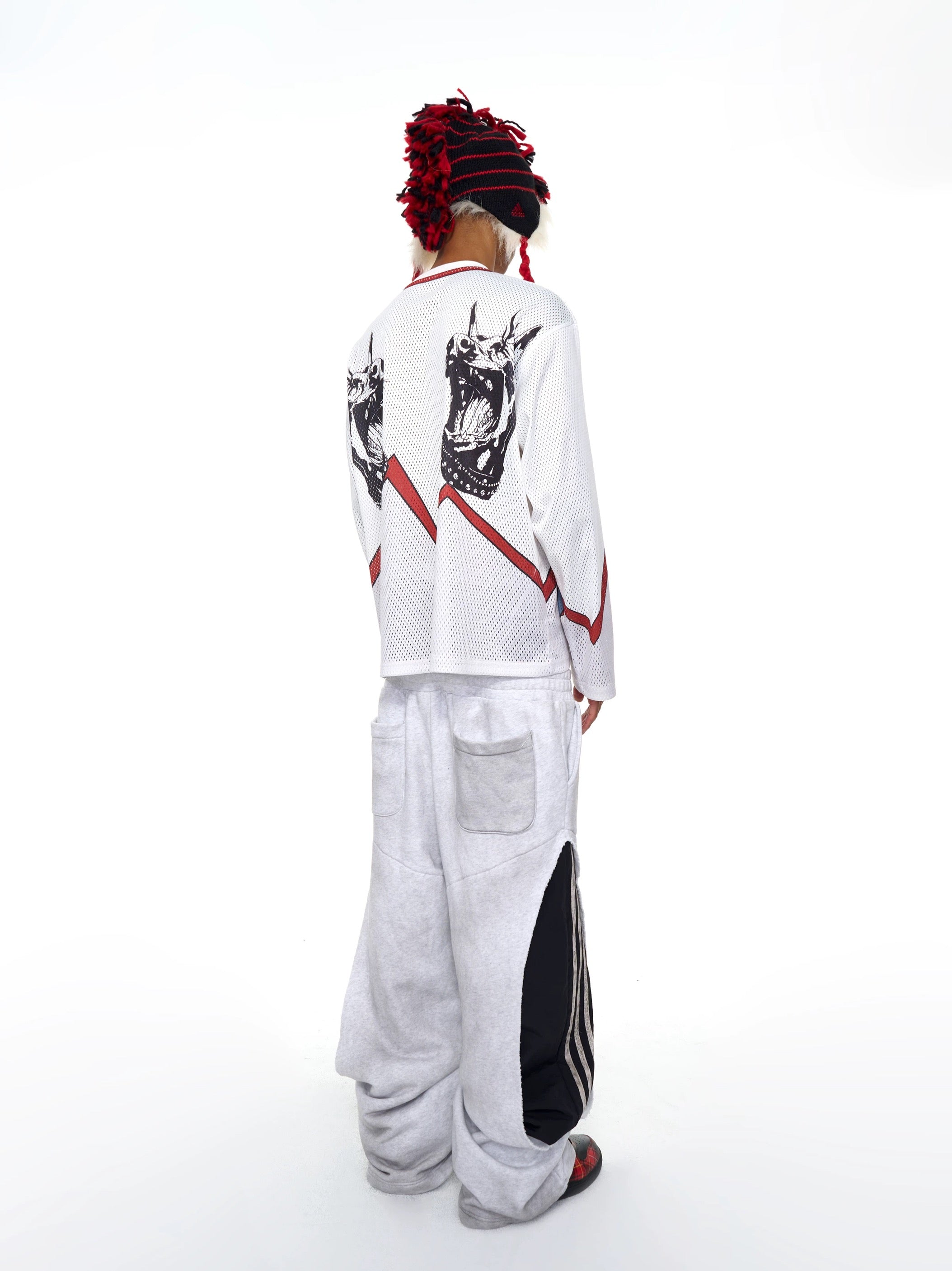 【fourth3ex】レイヤード風 3ライン 切替スーパーワイドパンツ（グレー×ブラック）