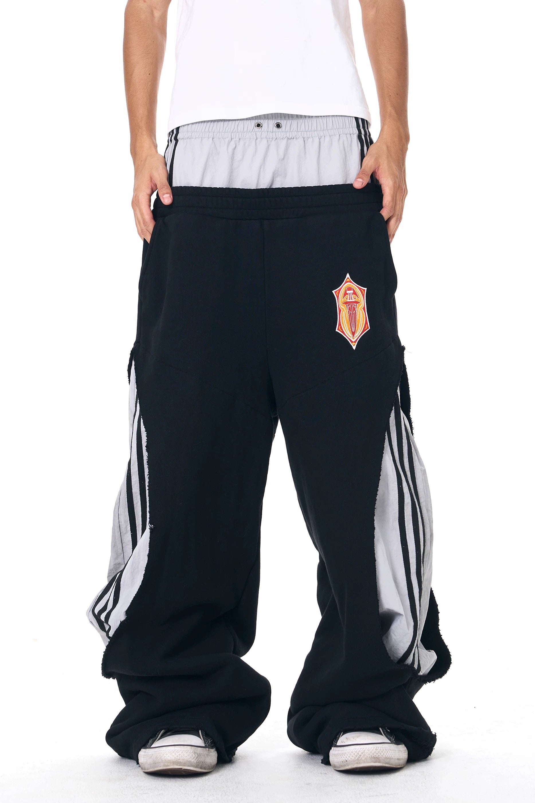 【fourth3ex】レイヤード風 3ライン 切替スーパーワイドパンツ（グレー×ブラック）