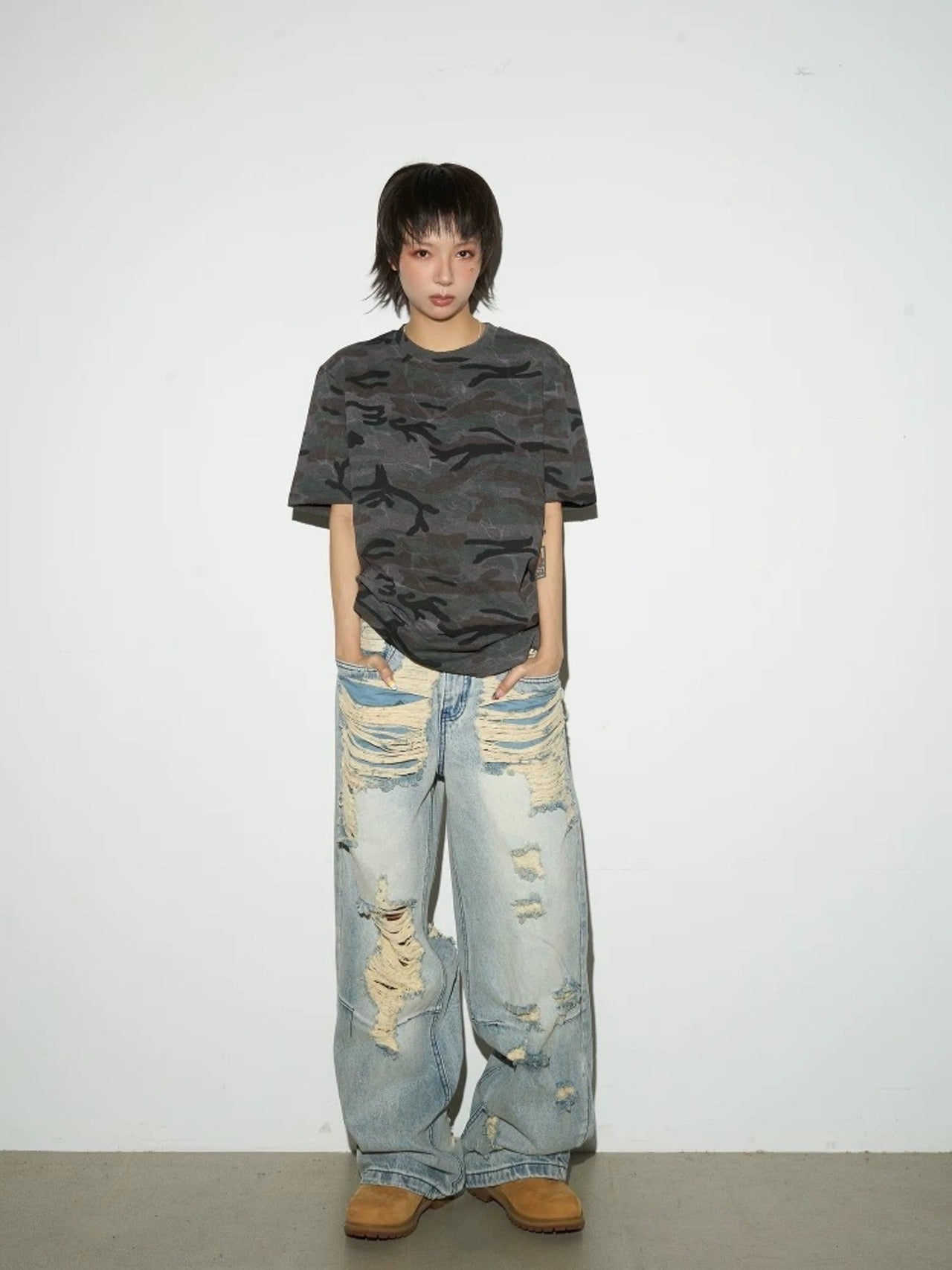 【MICHINNYON】Damage-Washed Wide Jeans