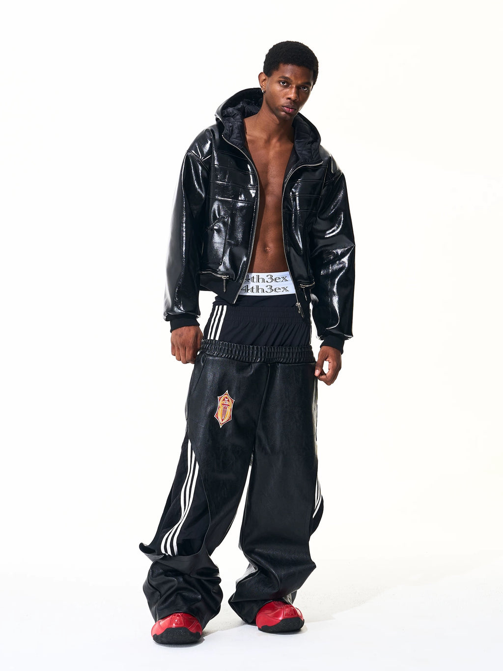 【fourth3ex】レイヤード風 3ライン スーパーワイド フェイクレザーパンツ（ブラック）