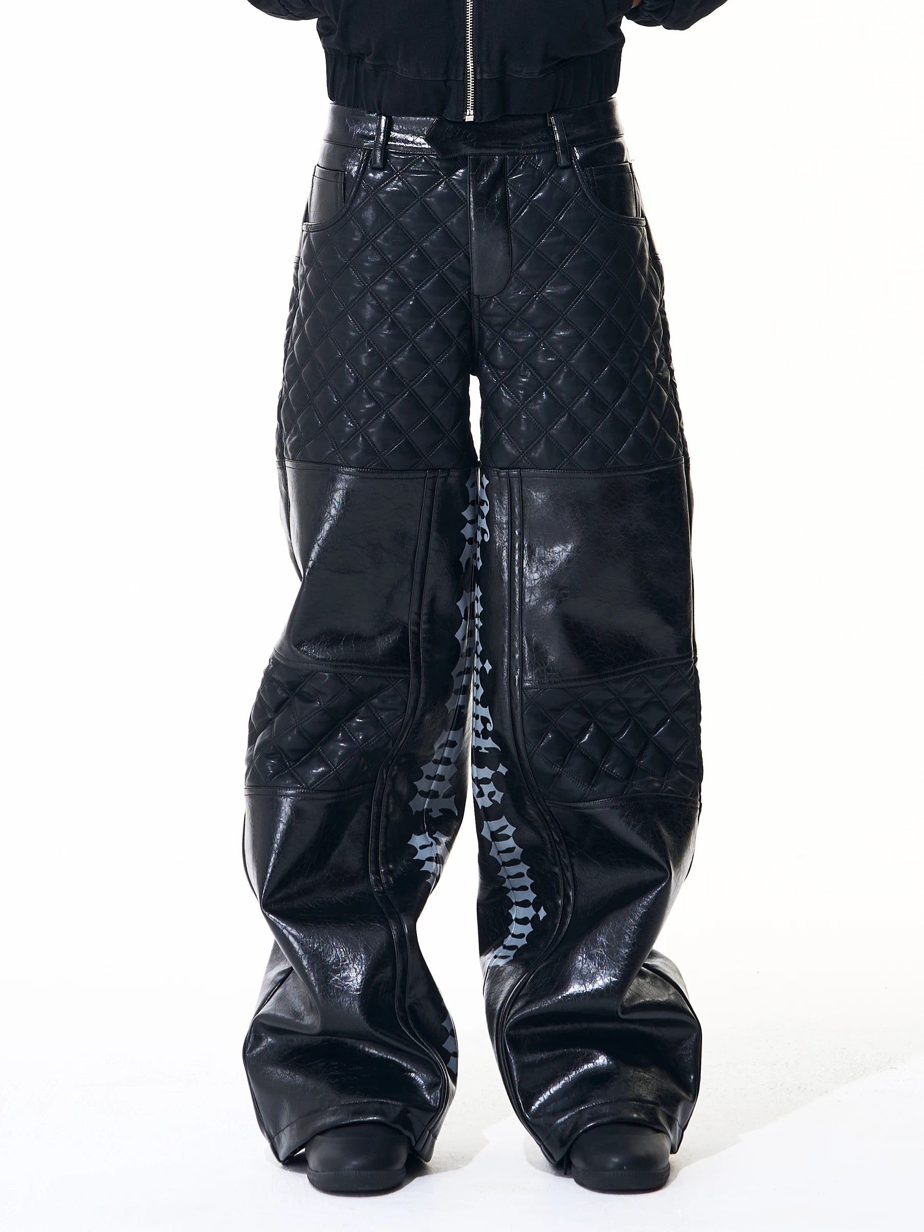 【fourth3ex】 Quilted Panel Super Wide Faux Leather Pants