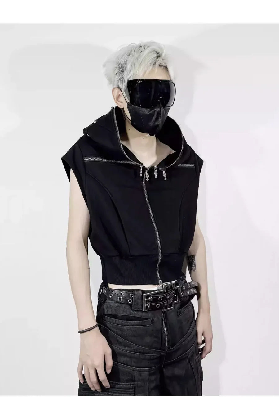 Cross Zip Connected Shoulder Armor Hoodie