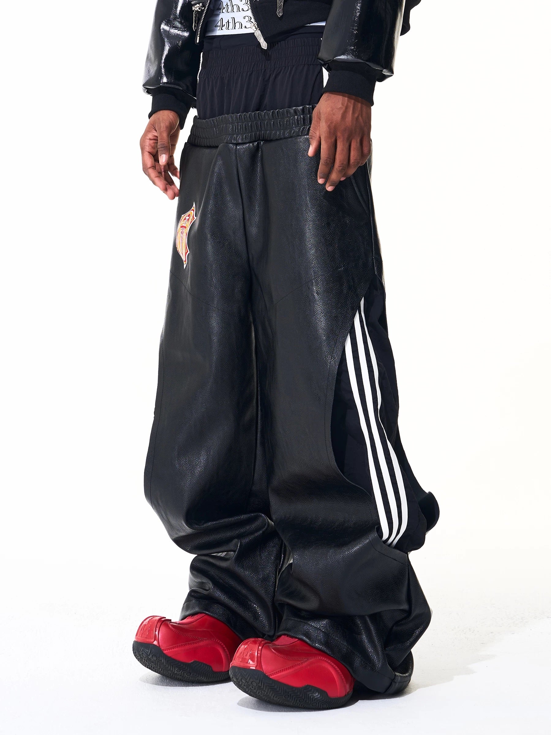 【fourth3ex】レイヤード風 3ライン スーパーワイド フェイクレザーパンツ（ブラック）