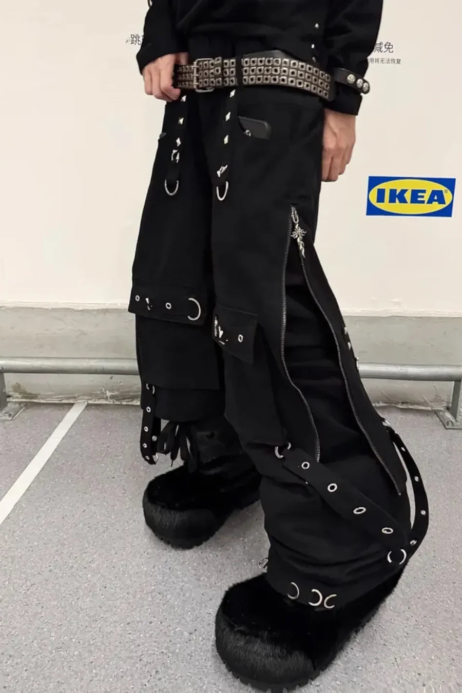 Double Layered Tie Up Cargo Pants with Studs & Chain