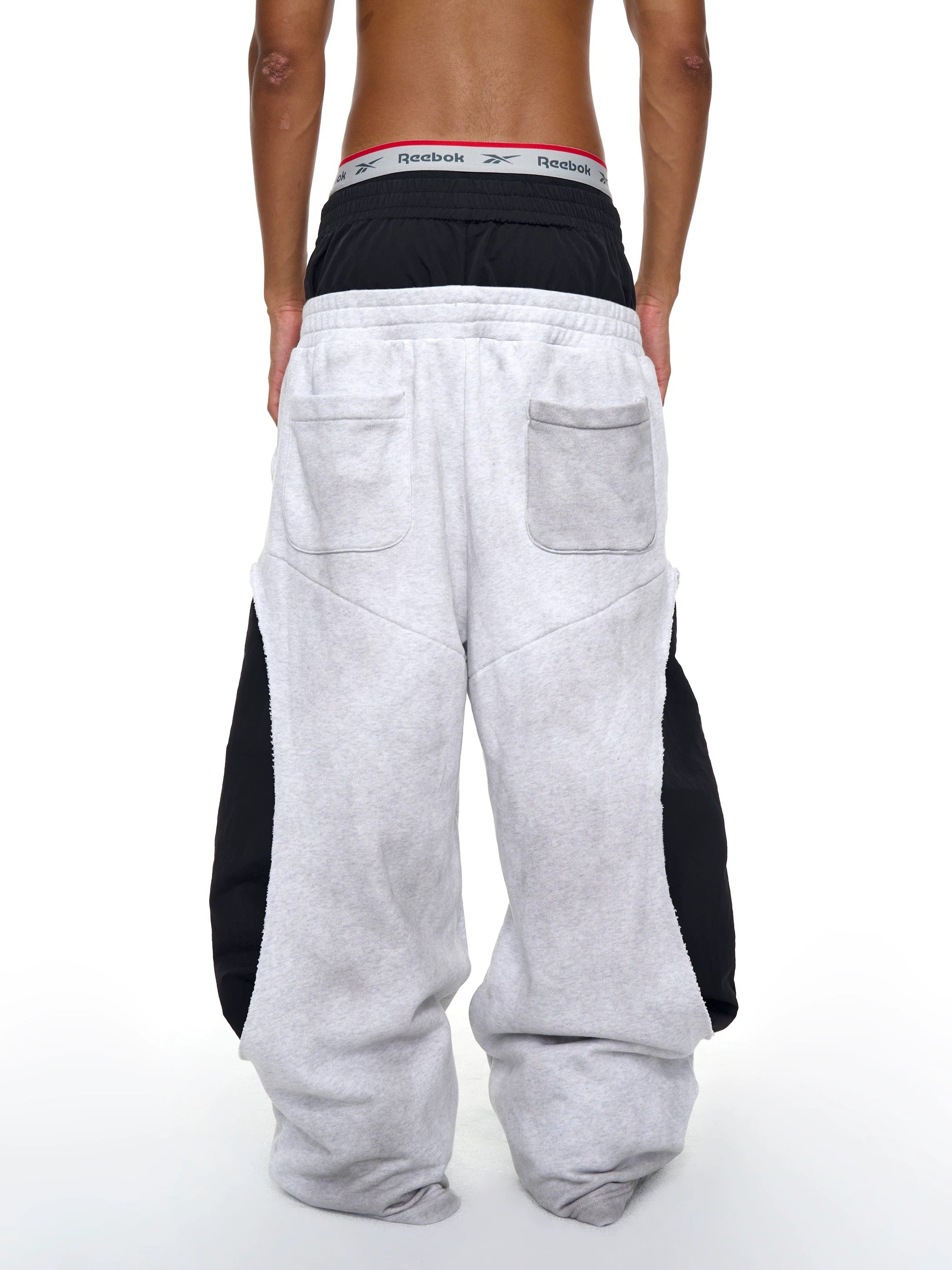 【fourth3ex】レイヤード風 3ライン 切替スーパーワイドパンツ（グレー×ブラック）