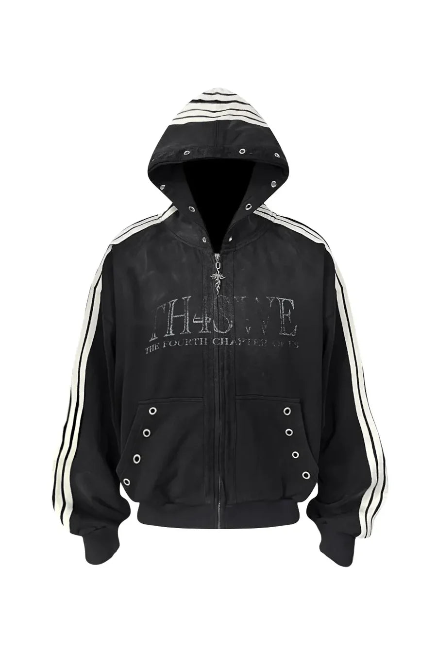 Five Webbing Stripes Distressed Wash and Zipper Cropped Hoodie