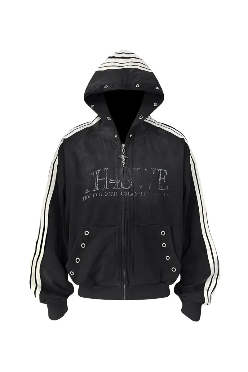 Five Webbing Stripes Distressed Wash and Zipper Cropped Hoodie