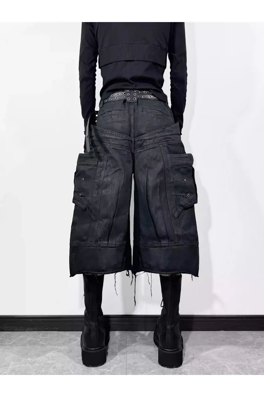 Frayed Hem Metallic Sheen Shorts with Structural Stitching