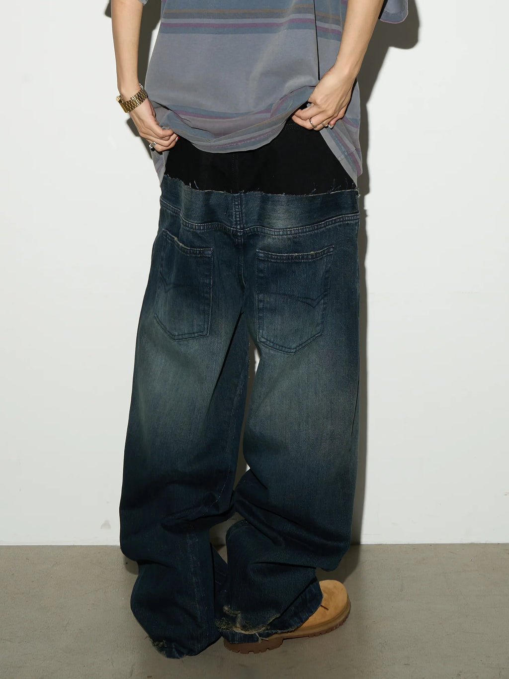 【MICHINNYON】Layered Waist Baggy Denim