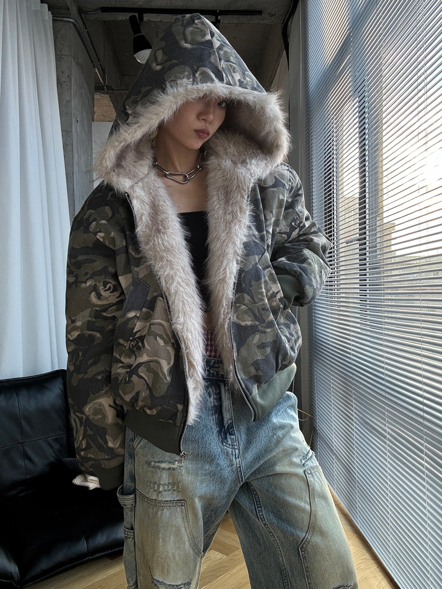 【MICHINNYON】camouflage hoodie jacket