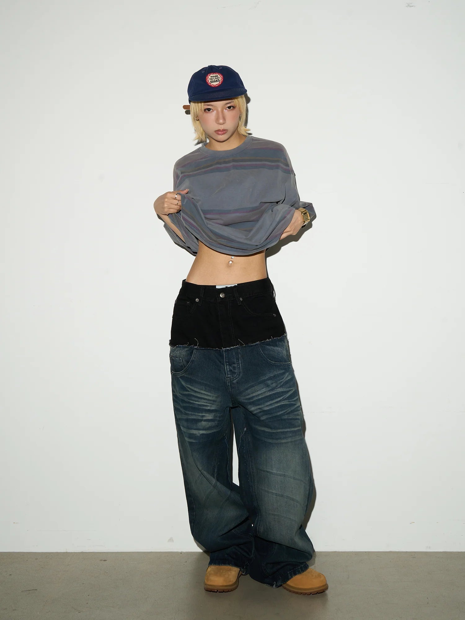 【MICHINNYON】Layered Waist Baggy Denim