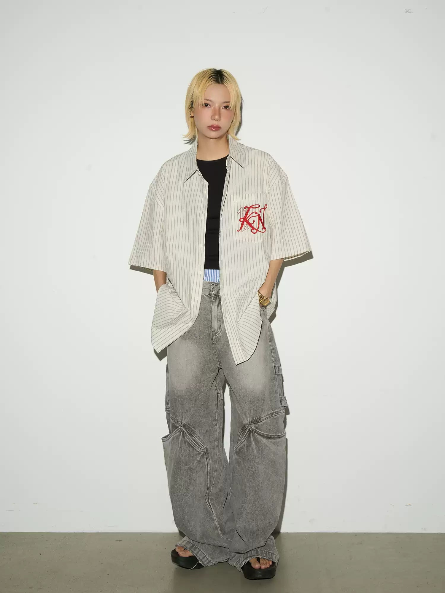 【MICHINNYON】Half-sleeve Stripe Shirts