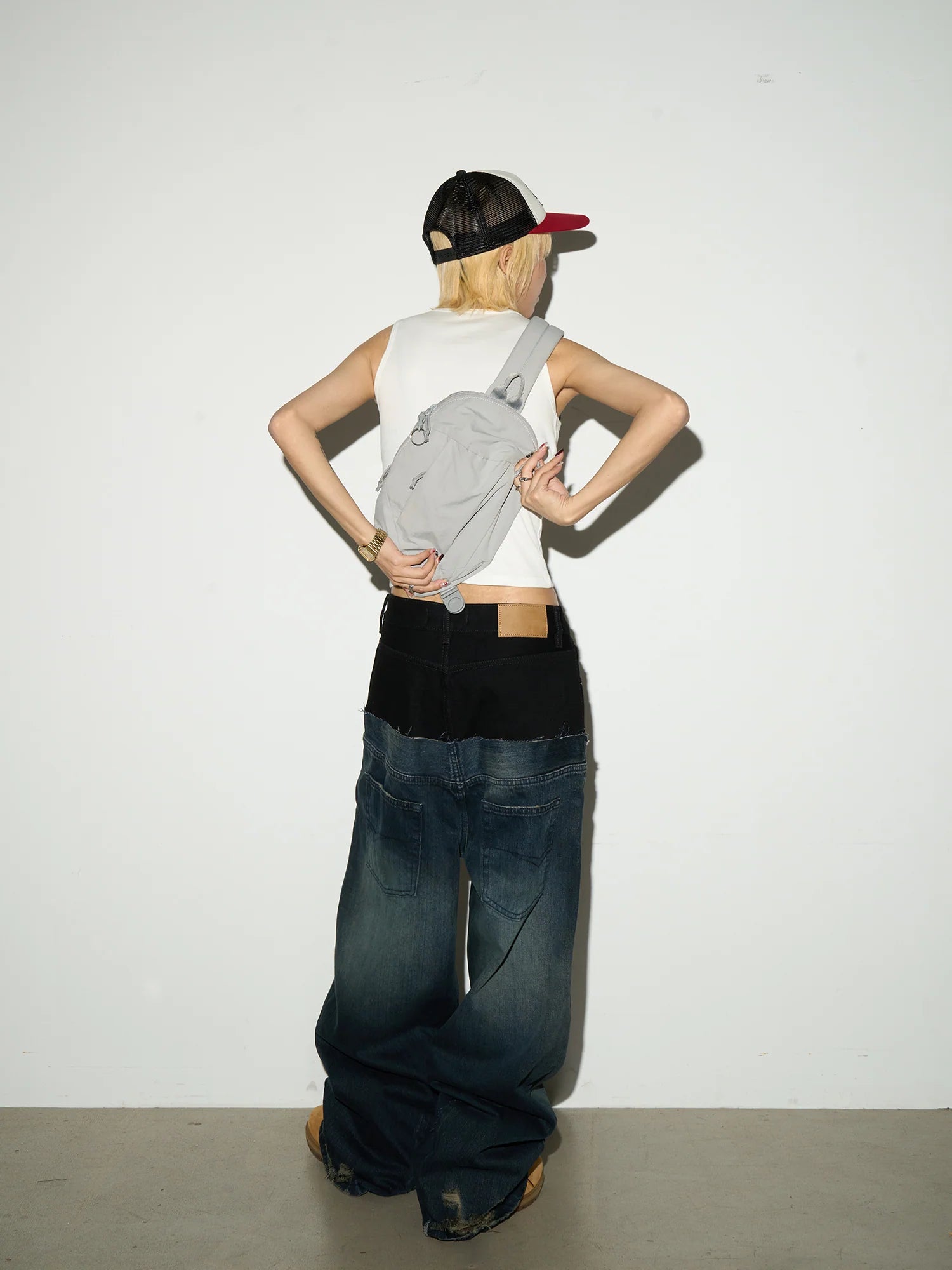 【MICHINNYON】Layered Waist Baggy Denim