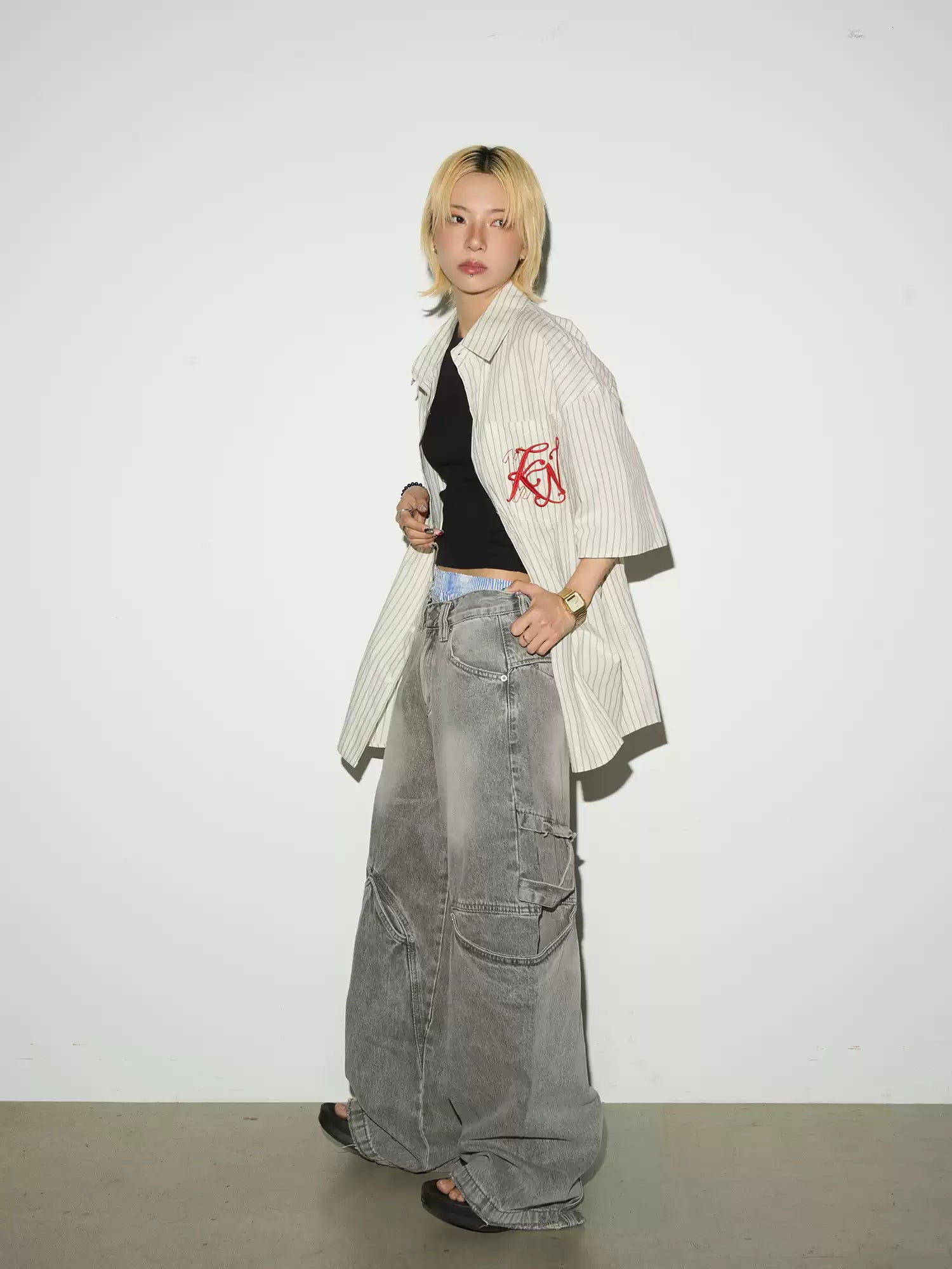 【MICHINNYON】Half-sleeve Stripe Shirts