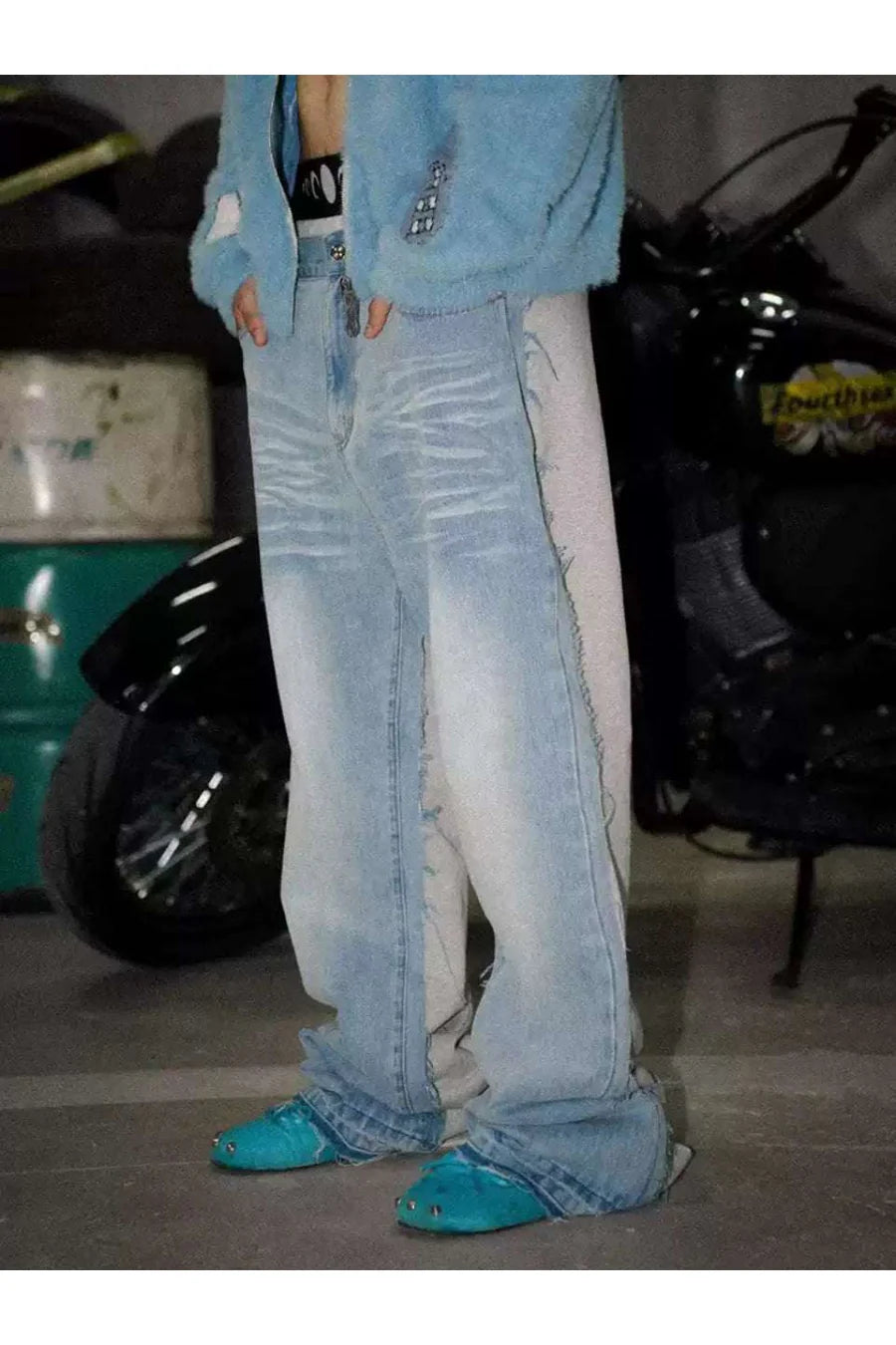 Washed Cat Whisker Denim Patchwork Sweatpants