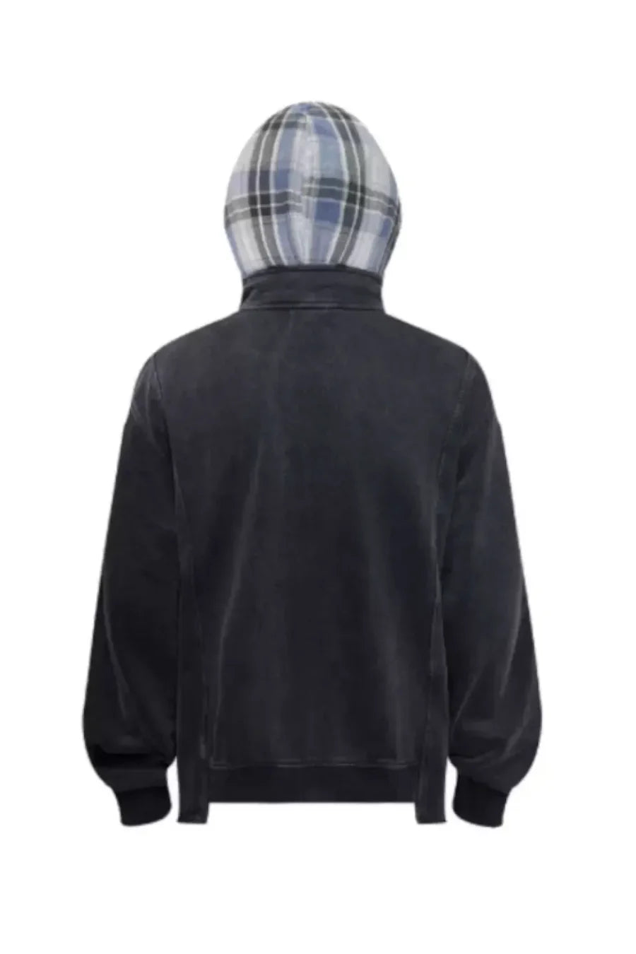 Washed Faux Two Plaid Pattern Piece Hooded Jacket