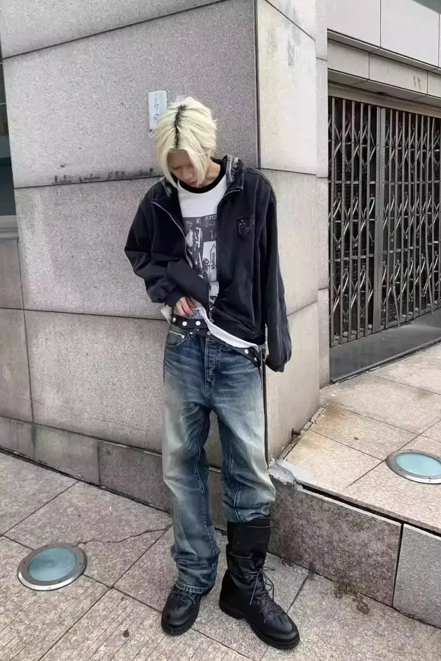 Washed Faux Two Plaid Pattern Piece Hooded Jacket