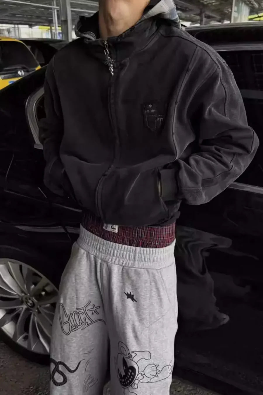 Washed Faux Two Plaid Pattern Piece Hooded Jacket