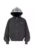 Washed Faux Two Plaid Pattern Piece Hooded Jacket