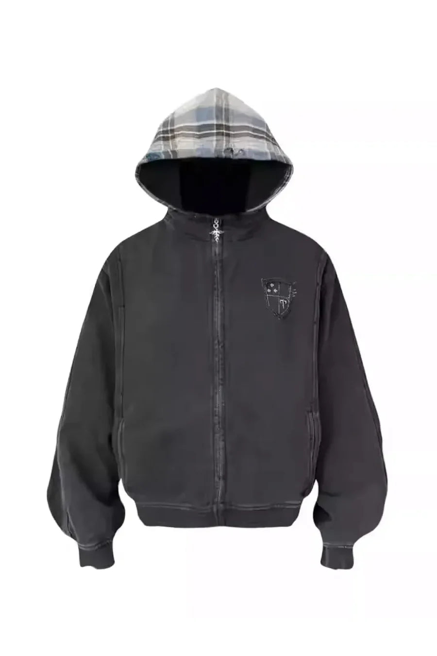 Washed Faux Two Plaid Pattern Piece Hooded Jacket