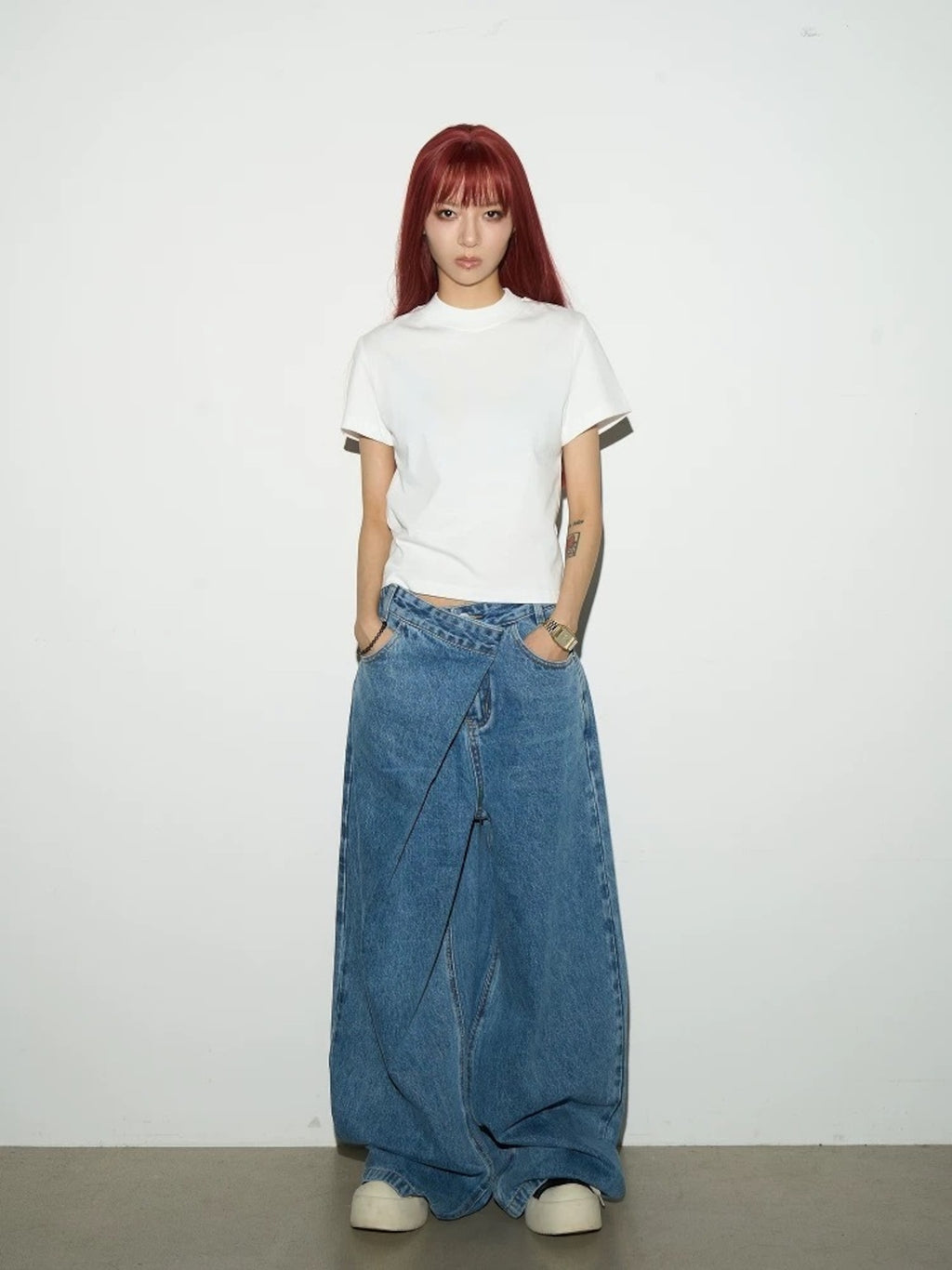 【MICHINNYON】Folding-waist Wide Jeans