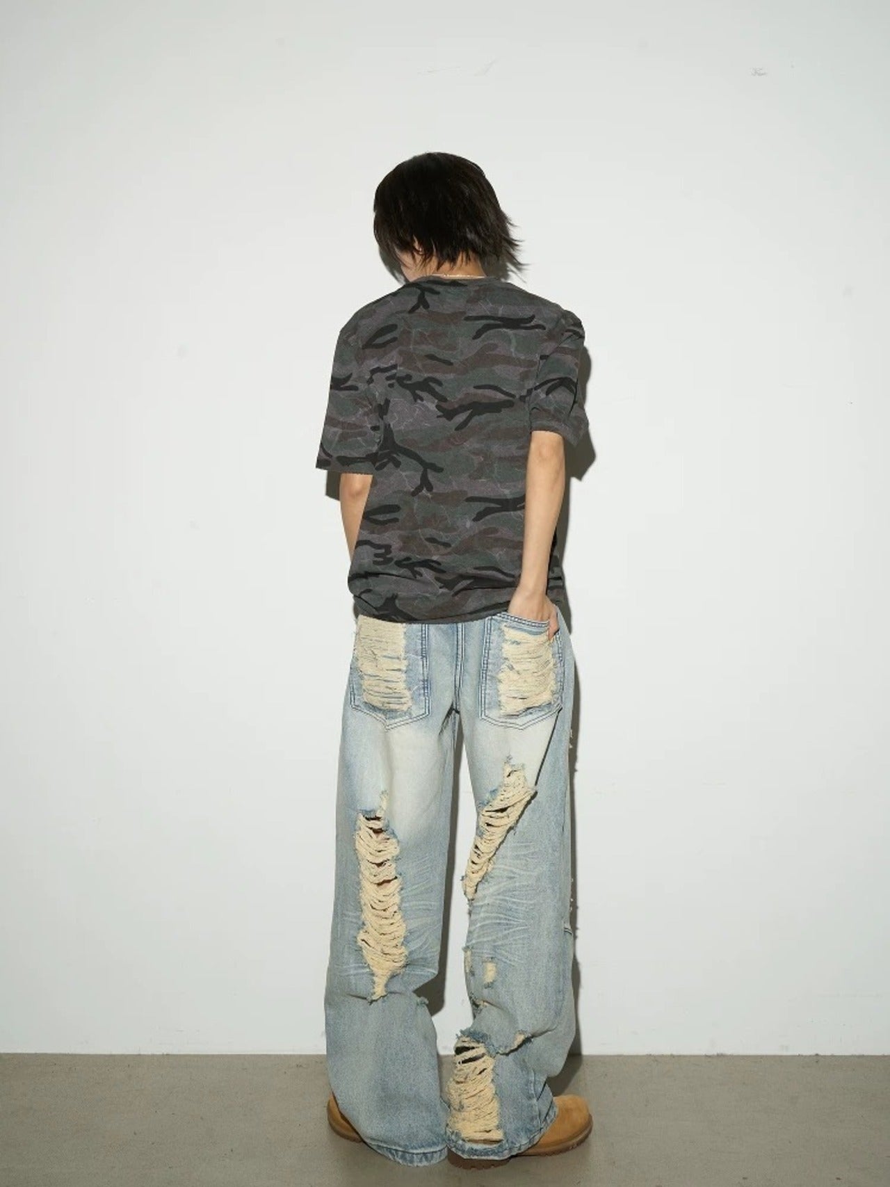 【MICHINNYON】Damage-Washed Wide Jeans